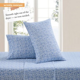 Indigo Ink - Queen Bed Sheets, Cotton Flannel Bedding with Matching Pillowcases, Ultra-Soft Floral Bed Set, Medium-Weight for All Year Use, Oeko-Tex Certified (Plume Collection, Blue)