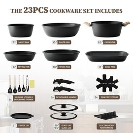 23Pcs Ceramic Cookware Set Non Stick Pots and Pans Set Non Toxic with Detachable Handle Induction Kitchen Cookware Set Space Saving, Oven & Dishwasher Safe, Black