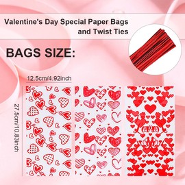 100Pcs Valentine Sweet Bags, Red Love Heart Bags with Twist Ties, Cellophane Bags for Valentine Day Decorations, Sweet Gift Bags for Wedding Anniversary Party Favor