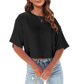Tankaneo Women Half Sleeve Cropped T-Shirts Drop Shoulder Round Neck Crop Tops Casual Summer Solid Color Basic Tees