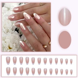 Press on Nails Kurz - French Chrome Glazed Donut Weiß, Künstliche Fingernägel mit Nagelkleber, Almond Nude Hailey Bieber Style, Wiederverwendbare Fake Nägel für DIY Maniküre