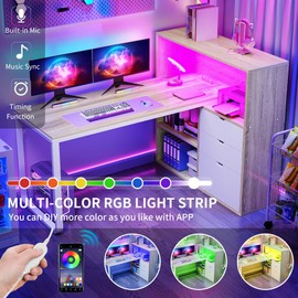 DWVO L Shaped Desk with Drawers & Power Outlets, 55" Computer Desk with Bookshelf, Corner Desk Home Office Desk with Storage Shelves & LED Lights, Oak & White