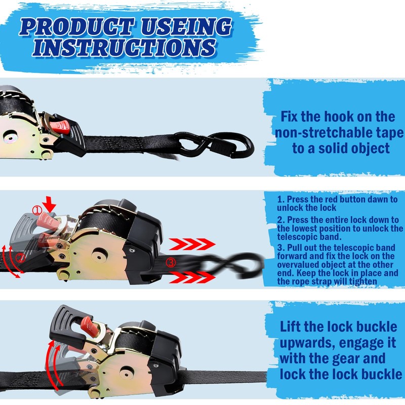 ANLULOAD Retractable Ratchet Strap,（1In*9.84Ft） S Hook Retractable Tie Down Strap