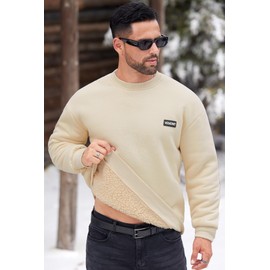 VOGSTART Men's Sherpa Lined Sweatshirt Crew Neck Fleece Pullover Cosy Winter Hoodies S-XXL, apricot