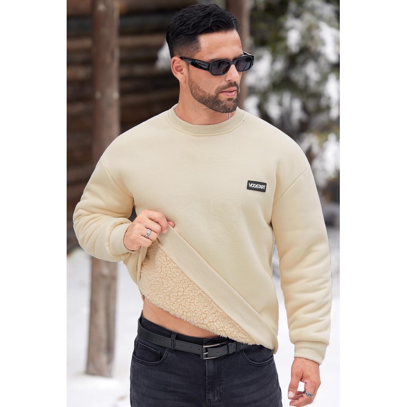 VOGSTART Men's Sherpa Lined Sweatshirt Crew Neck Fleece Pullover Cosy