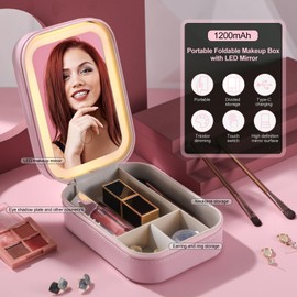 BS-MALL - Estuche para espejo cosmético de viaje, con LED, para maquillaje, brochas de maquillaje, herramientas cosméticas, color rosa, Rosado, Viajes