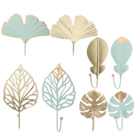 OUNONA 8pcs Leaf Wall Hooks Tropical Hawaii Golden Leaf Shaped Hanger Towel Hooks Hat Coat Hanger Decorative Key Holder for Hanging Scarves Bags Purses Bathroom Bedroom Kitchen