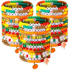 Siifert 48 Pcs Fall Thanksgiving Bracelets Set Heishi Surfer Bracelet Beaded Thanksgiving Bracelets Bulk Autumn Women's Clay Stretch Bracelet for Women Party Supplies Gift
