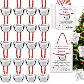 20 Pcs Christmas Believe Bells Ornaments Sleigh Polar Express Bulk Jingle Small Silver Bells Crafts with Believe Tags for Christmas Tree Wreath Home Party Decorations