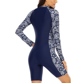 Halcurt Women's Boyleg One Piece Rash Guard with Built in Bra UPF50+ Zip Long Sleeve Full Body Modest Swimsuit Navy Paisley S