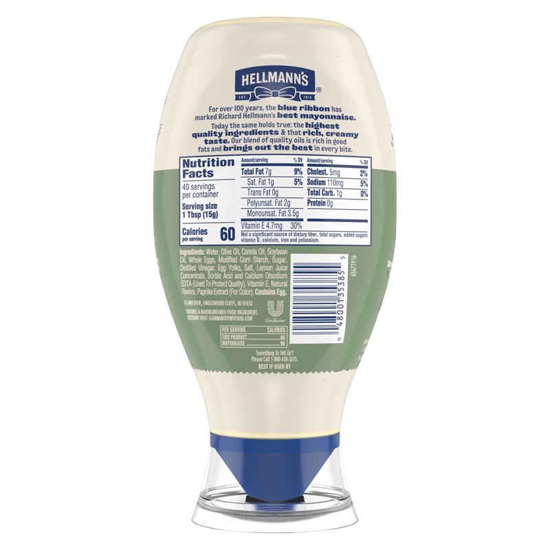 Hellmann's Mayonnaise Dressing with Olive Oil Squeeze Bottle Condiment for