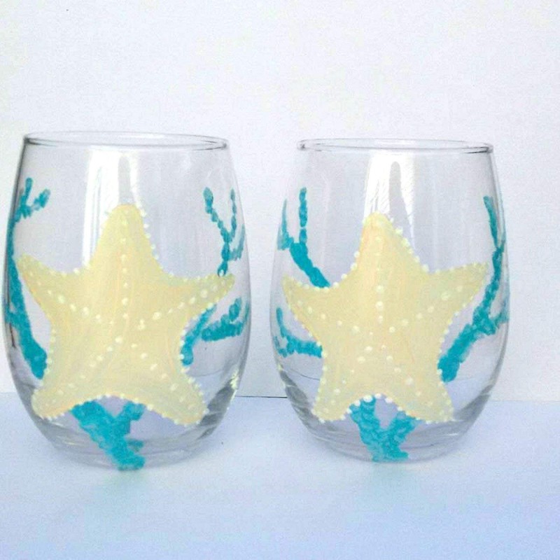 Starfish Blue Coral Stemless Hand Painted Wine Glasses Set of