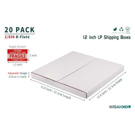 Wisaiboxl White Vinyl Record Mailers 12.8x12.8x1 inch LP Mailing Corrugated Cardboard Boxes, Easy Fold, Multi Depth Album Shipping Boxes with Fragile Stickers, 20 Pack