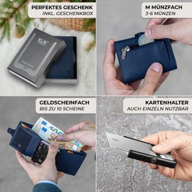 PURISTO KLIK Slim Wallet with Coin Compartment Men's - Leather Money Clip Mini Wallet Men's Small with Coin Compartment, RFID Blocker - Leather Card Case, darkblue, M coin compartment - 14 cards