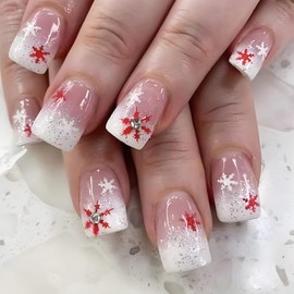 24Pcs Christmas Press on Nails Short Square Fake Nails Red White Snowflake Rhinestones Design Xmas Glue on Nails Glitter French Tip False Nails Winter Christmas Artificial Nails Kit for Women Acrylic