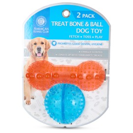 AMERICAN KENNEL CLUB AKC 2-Pack TPR Treat Toys – Vanilla Scented Bone & Ball Set for Dogs, Dental Support & Stuffing Fun