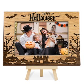 Fbitey Halloween Picture Frame, 4×6 Pumpkin Wooden Photo Frame for Home Decor Tabletop Display, Spooky Haunted House Gifts for Family Friends - A05