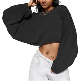 LovelyWholesale Women Long Sleeve Cropped Sweatshirt Oversized Crew Neck Workout Tops Black Large