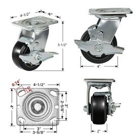NINOSO 4" Caster Wheels, Set of 4 Heavy Duty Swivel Casters Load Capacity 2800lbs, Rubber Wheels for Tool Cart Platform Truck Trash Can (2 Brake & 2 Swivel)