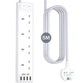 LENCENT 5M Extension Lead with USB Slots, 4 Way Outlets Power Strip with 4 USB Ports, Multi Power Plug Extension with 5M Braided Extension Cord for Home Office, 3250W 13A