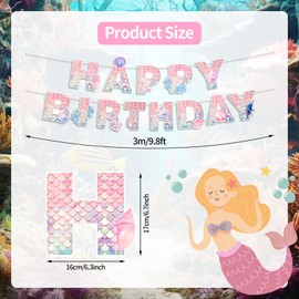 Happy Birthday Day Banner Decorations - Pink Mermaid Ocean-themed Shell Sea-inspired Garland Sign Birthday Hanging Bunting Banner, B'day Family Photo Backdrop for Girls Boys Decor Party Favor Supplies