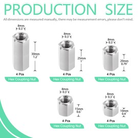 Keadic 20Pcs 304 Stainless Steel M8 Locknuts Assortment Kit, M8*10/15/20/25/30mm Rod Coupling Insert Lock Nuts for Indoor and Outdoor Use