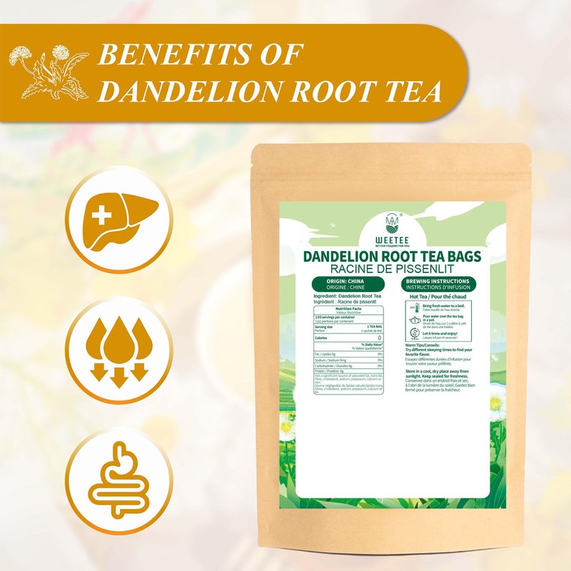 WT WEETEE Raw Dandelion Root Tea Bags 100 Count, Unprocessed,
