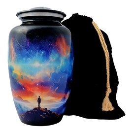 Urn for Adult Human Ashes – Large Handcrafted Galactic Sky Cremation Urn – Memorial Keepsake Urn with Secure Lid – Premium Quality Metal Burial Urn with Secure Closure and Velvet Bag for Men or Women