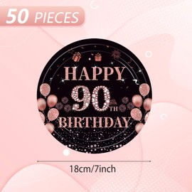 90th Birthday Decorations for Women,50Pcs 7" 90th Birthday Dessert Plates,Black Rose Gold Happy 90 Years Party Tableware Kit Paperplates Set,for 90 Years Old Party Decorations Supplies