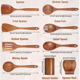 AIUHI High End Set Of 9 Teak Wooden Cooking Utensils, Spatula, Spoons, Non Scratch