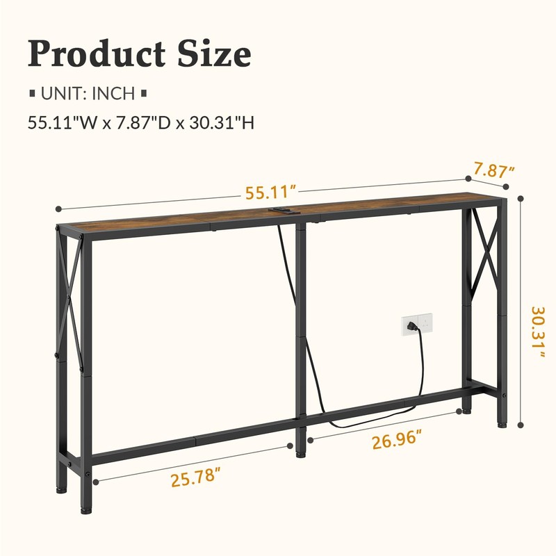 Gewudraw Console Table with Oulets and USB Ports, 55.1" Sofa