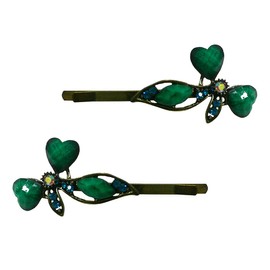Pair of Sweetheart and Ribbon Hairpins with Colorful Beads and Sparkly Rhinestones P86375-2pairAqua green