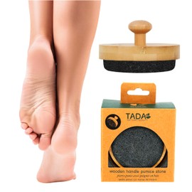 TADA Natural Beauty Pumice Stone for Feet with Bamboo Handle - Foot Scrubber and Callus Remover for Feet (Black)