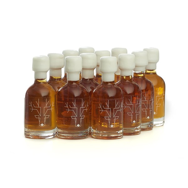 Award Winning Escuminac Unblended Maple Syrup 12 x 50ml Wedding Favors And Stocking Stuffers - Canadian Grade A - Extra Rare - Pure Organic Single Forest - Smooth Velvety 1.7 fl oz Sample Size