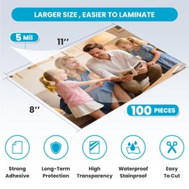 T&W SAME FILM 5 MilSelf Adhesive Laminating Sheets, 8 x 11 Inch Laminate Sheets, 100 Pack No Heat Laminating Sheets, Self Sealing Laminating Sheets for Laminator, Round Corner, No Heat, No Machine Needed