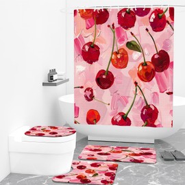cromcu 4PCS Cherry Shower Curtain Set with 12 Hooks for Bathroom Sets Cherry Decor, Non-Slip Rugs and Toilet Mat Lid Rug, Durable Waterproof for Bathroom Oil Painting Cherry Decor 72x72 Inch