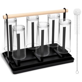 BBWELL 6 Bottle Holder, Sturdy Bottle Drip Stand with Wooden Handle and Cleaning Brush, Includes Removable Black Drip Tray, Bottle Stand for Bottles/Cups/Coffee Cups
