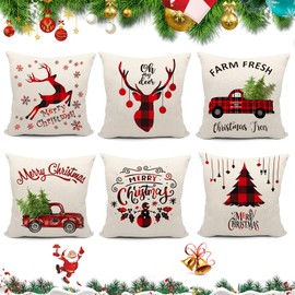 Sunshine smile Christmas Cushion Cover, Pack of 6, 45 x 45 cm, Cotton Linen Cushion Covers, Merry Christmas, Cushion Cover, Christmas, Decorative Cushion Cover, Bedroom Decorative Cushion Cover