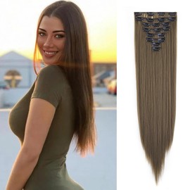 Dcbaboo Hair Extensions Clip in 8PCS 24 inches Long Straight Clip in Hair Extension Synthetic Fiber Fake Hair Pieces for Women Clip in Extensions Full Head Natural Hairpiece, Golden Brown