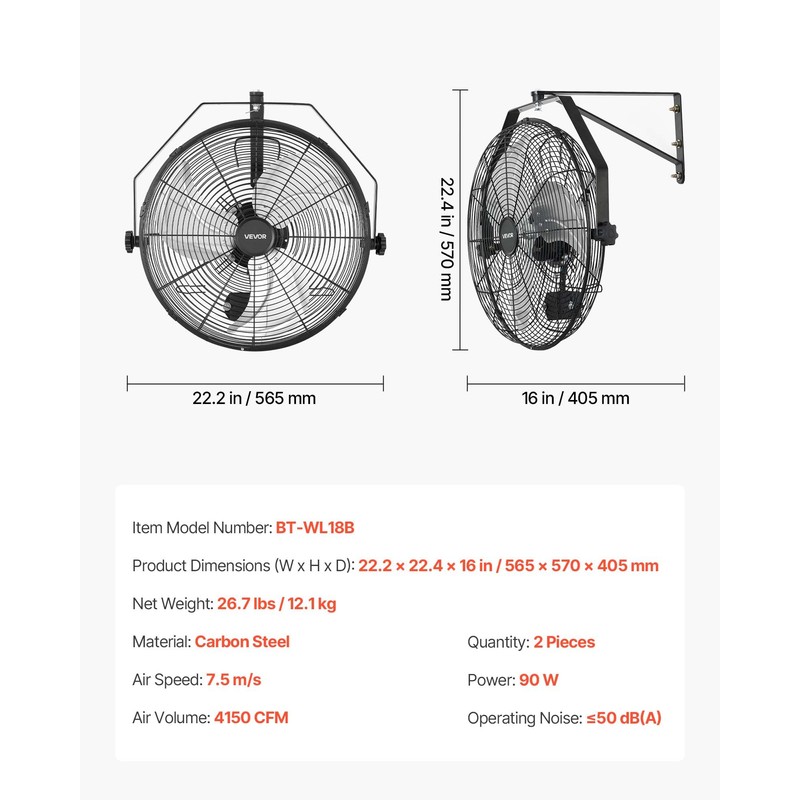 18 Inch Wall Mount Fan, Waterproof, 3-Speed, IP44 Rated, 2