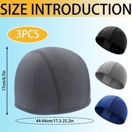 Brateuanoii Pack of 3 Soft Comfortable Sports Skull Cap, Underhelmet Hat, UV Protection Cycling Cap, Men's Lightweight Quick-Drying, Breathable Running Hat (Head Circumference 44-64 cm), Black, Grey,