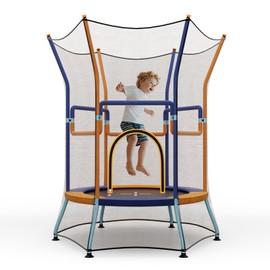 GYMAX Toddler Trampoline, 48” ASTM Approved Kids Trampolines with 59” Extra High Enclosure Net, Seamless Jumping Mat & 2-Level Handle, Indoor/Outdoor Trampoline for Kids Gift for Backyard (Orange)