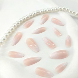 Ombre Press on Nails Almond Medium Fake Nails with Pink White Gradient Designs Simple Acrylic Nails Press ons Cute Glue on Nails French Tip Stick on Nails for Women 24 Pcs