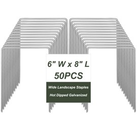 Wonderjune 50 Pack Heavy Duty Wide Landscape Staples, 7 Gauge Galvanized Steel Turf Stakes Garden Stakes Bulk, U Type Anchor for Grass, Securing Weed Barrier Fabric, Pipes, Sod (8"x6")