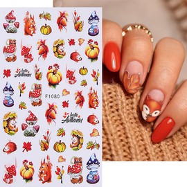 6 Sheets Fall Nail Stickers for Nail Art,3D Maple Leaf Nail Decals Self-Adhesive Mushroom Fox Squirrel Nail Design Stickers Autumn Pumpkin Nail Art Stickers for Women Girls Thanksgiving Nail Decor