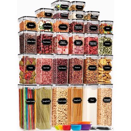 PRAKI 30 Pack Airtight Food Storage Containers for Kitchen Pantry Organization and Storage, BPA-Free, Plastic Storage Canisters with Lids - Cereal, Flour & Sugar, Include Labels, 6 Spoon & Marker