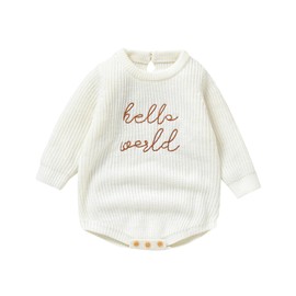 PanLidapan Baby Girls Boys Fall Winter Clothes Newborn Long Sleeve Round Neck Knit Rompers Infant Hello World Letter Print Onesie Jumpsuit (White, 86)