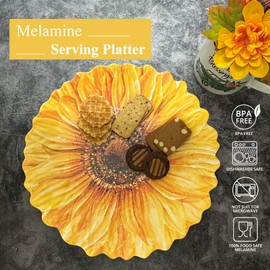 UP UPware Sunflower Shaped Melamine Serving Platter, Floral Summer Party Tray, Yellow Summer Flower Design, for Snacks, Appetizers, and Desserts, 12 x 12 Inch