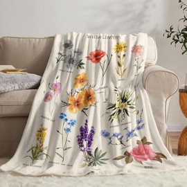 Lifeel Floral Fleece Throw Blanket, Wildflowers Nap Blankets with Word Beige White Vintage Sofa Bed Couch Chair or Dorm Throws 40×50 inches