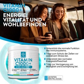 +LIFE - Vitamin C and Zinc High Dose 1000 mg 200 Tablets PiuLife® Vitamin C Zinc 10mg, Supplement Pure Vitamin C from Ascorbic Acid, Natural Antioxidant for Immune System, Vitamin C Zinc